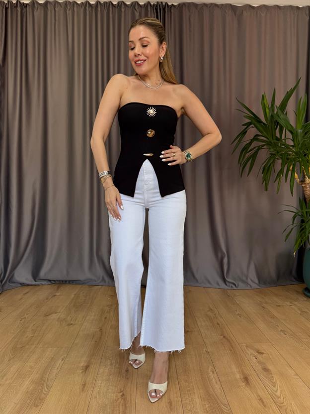 Siyah Gold Tokalı Straplez Bluz