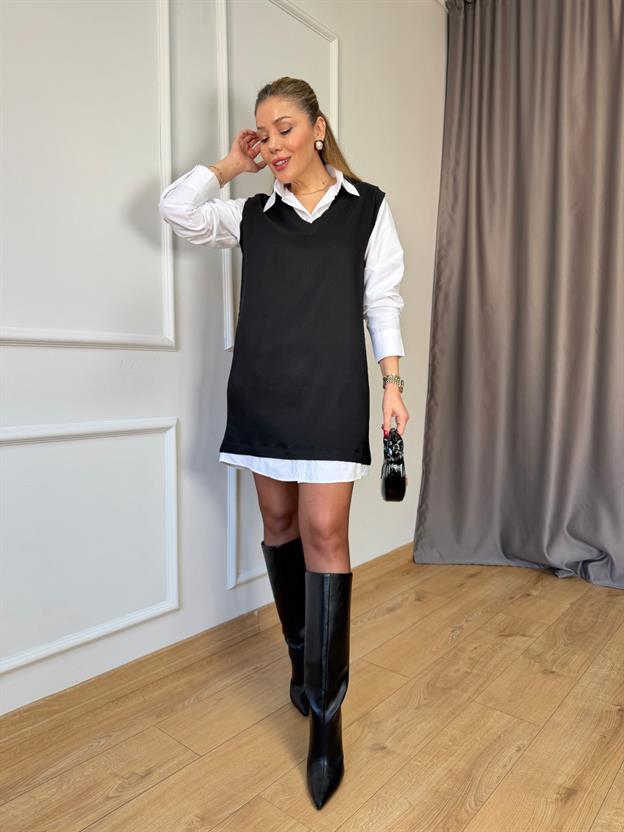 Siyah Gömlek Detaylı Fitilli Elbise