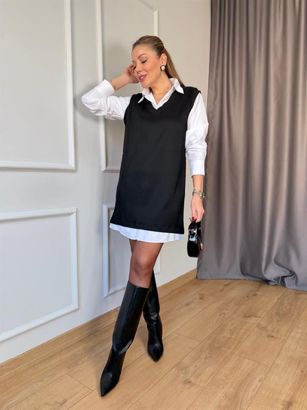 Siyah Gömlek Detaylı Fitilli Elbise