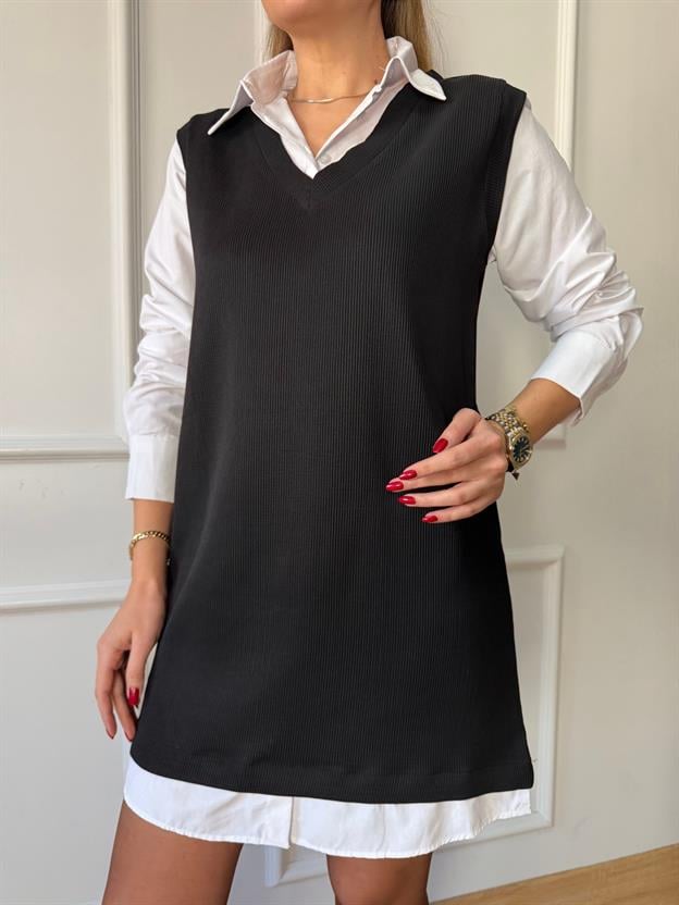 Siyah Gömlek Detaylı Fitilli Elbise