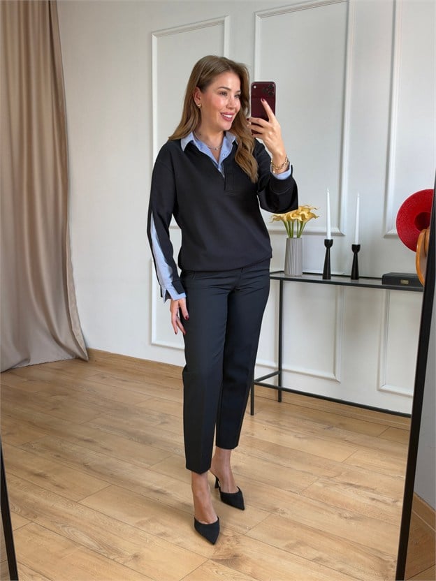 Siyah Gömlek Yakalı Sweatshirt