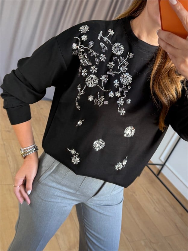 Siyah Gümüş Taşlı Sweatshirt