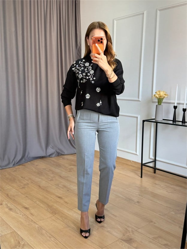 Siyah Gümüş Taşlı Sweatshirt