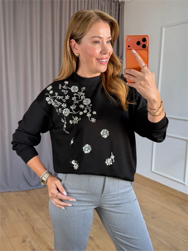 Siyah Gümüş Taşlı Sweatshirt