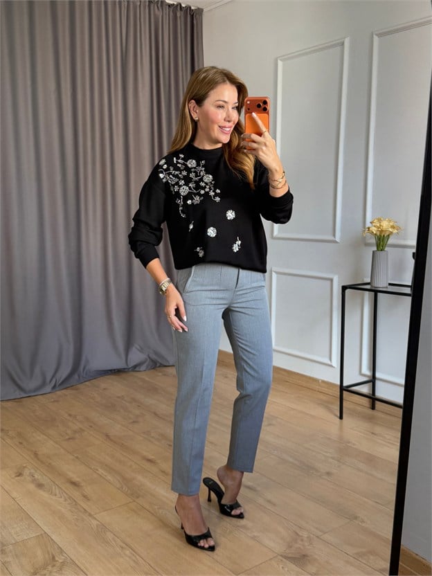 Siyah Gümüş Taşlı Sweatshirt