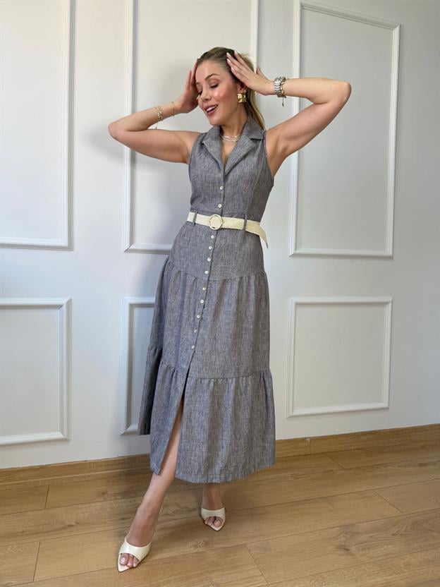 Siyah Kemerli Midi Elbise