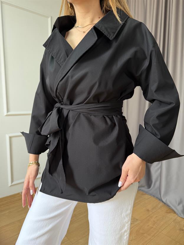 Siyah Uzun Kimono Model Gömlek 