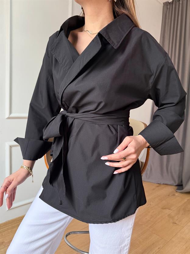 Siyah Uzun Kimono Model Gömlek 