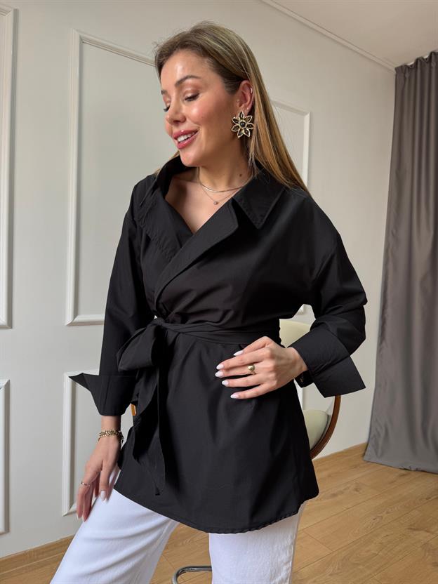 Siyah Uzun Kimono Model Gömlek 