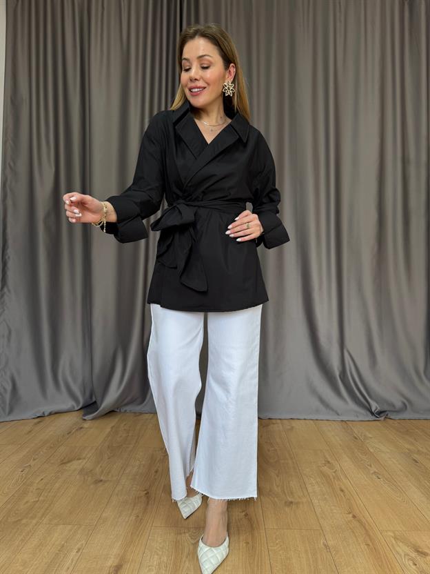 Siyah Uzun Kimono Model Gömlek 