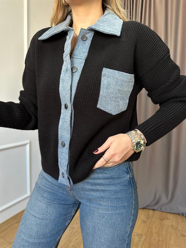 Siyah Kot Detaylı Hırka