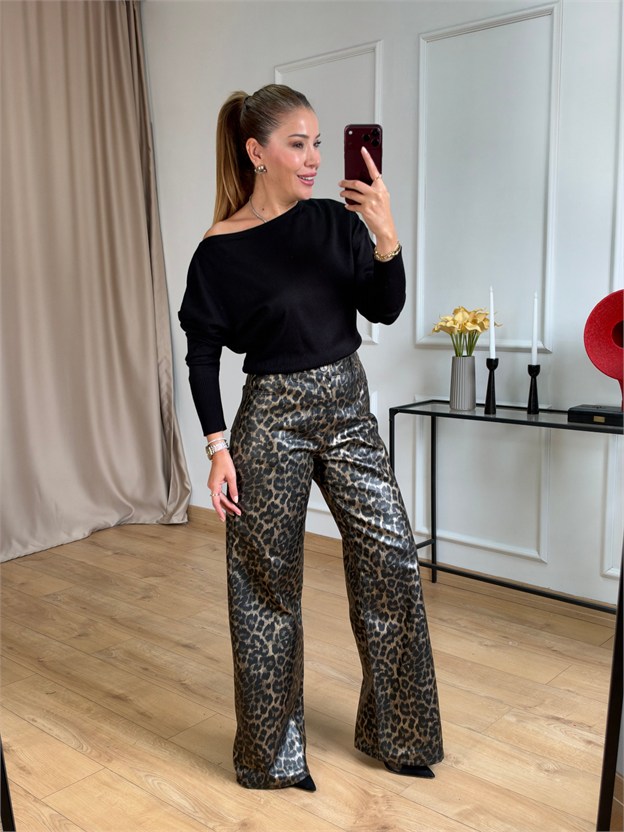 Siyah Leopar Pantolon