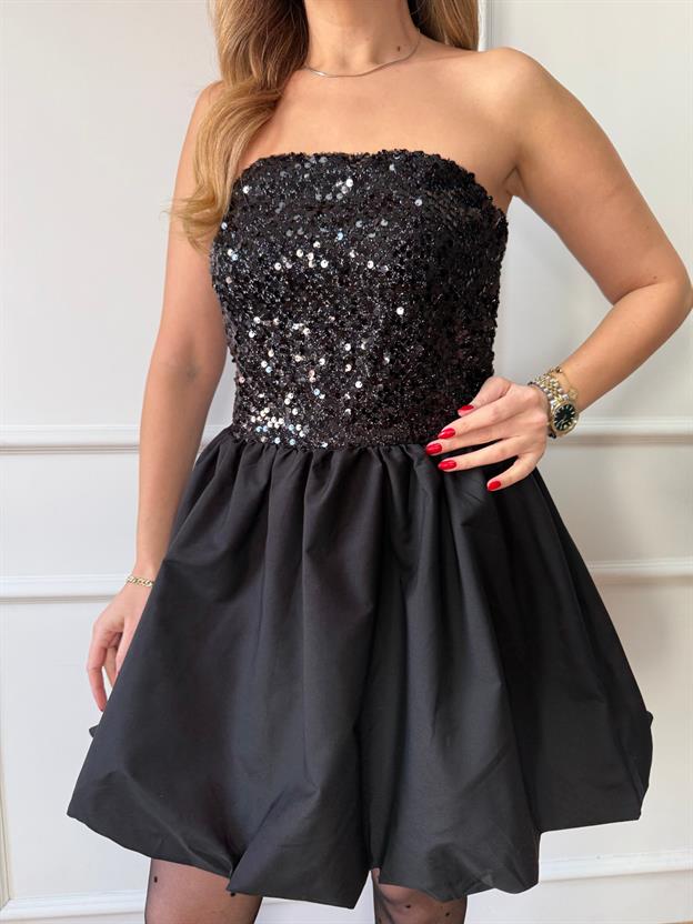 Siyah Payetli Straplez Elbise