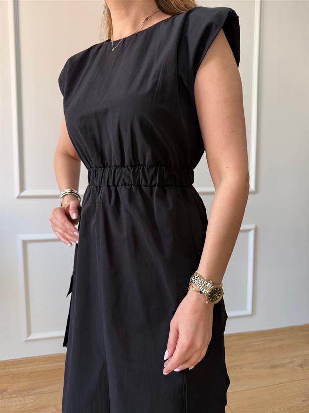 Siyah Sıfır Kol Cep Detaylı Elbise 