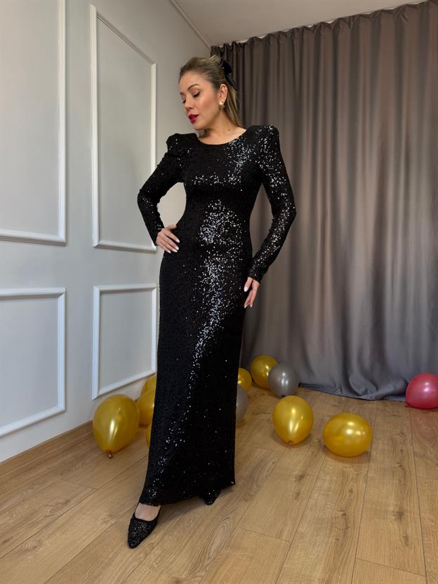 Siyah Sırt Dekolteli Payetli Elbise