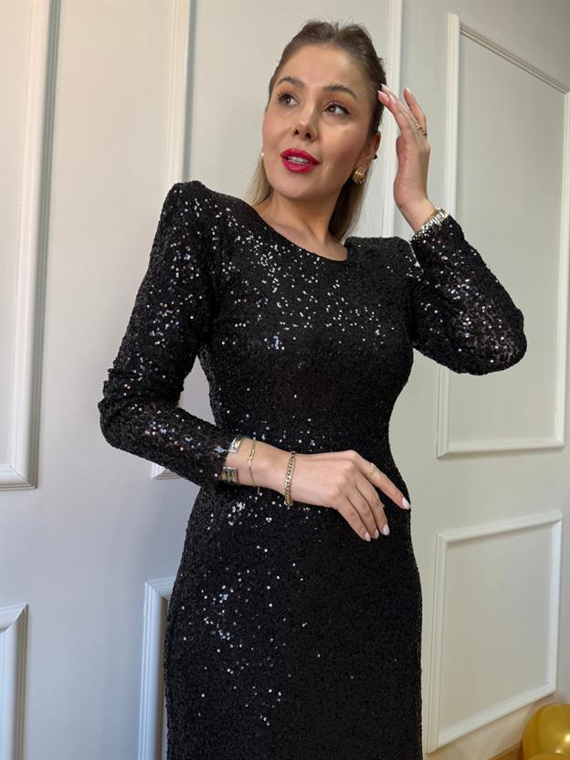 Siyah Sırt Dekolteli Payetli Elbise