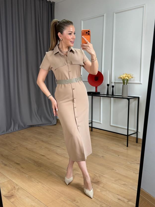 Taş Beli Lastik Kemerli Elbise