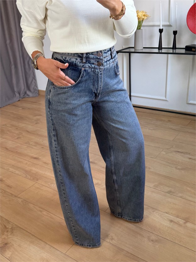 Taşlama Çift Düğmeli Jean