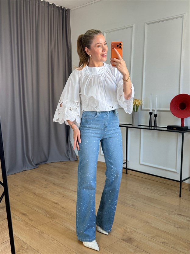 Taşlı Mavi Straight Jean