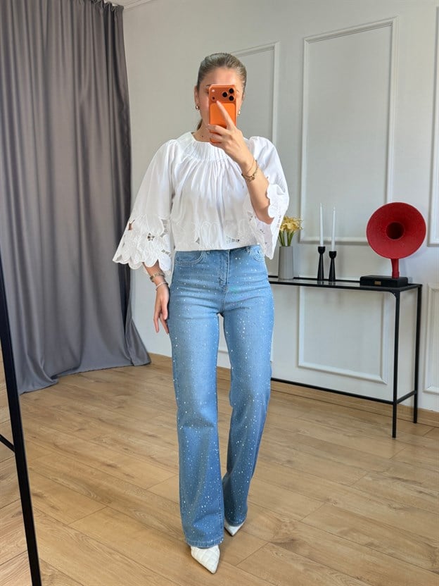 Taşlı Mavi Straight Jean