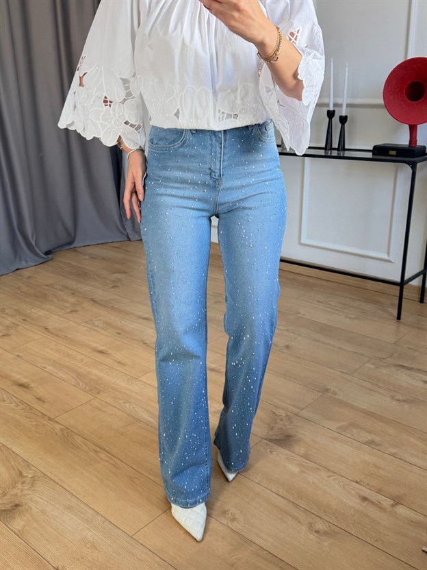 Taşlı Mavi Straight Jean