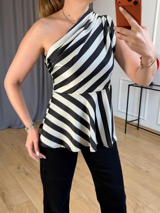 Tek Kol Saten Çizgili Bluz