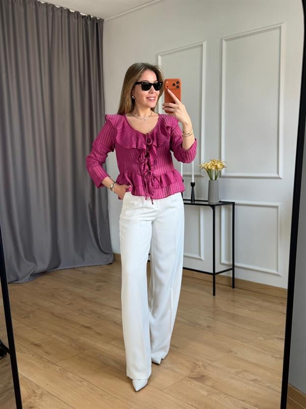 Vişne Volanlı Ön Bağlama Bluz