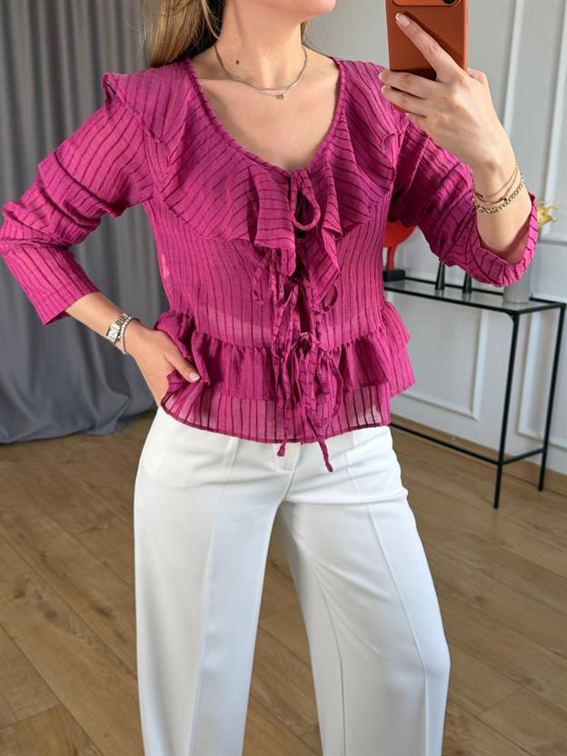 Vişne Volanlı Ön Bağlama Bluz