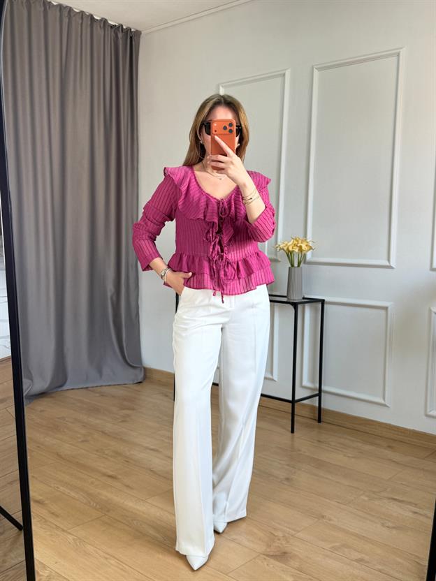 Vişne Volanlı Ön Bağlama Bluz