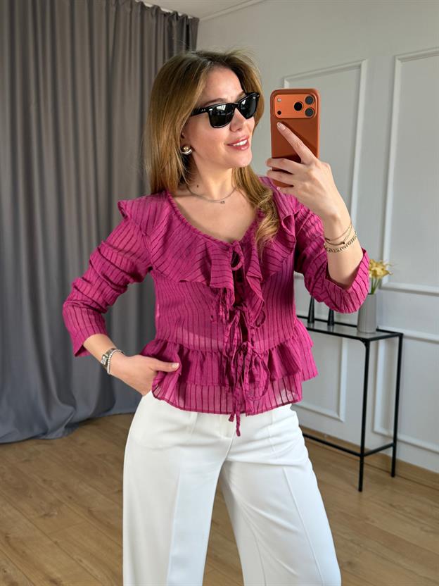 Vişne Volanlı Ön Bağlama Bluz