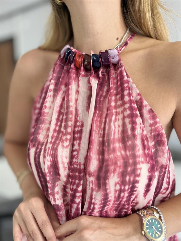 Yaka Boncuk Detaylı Pembe Ebruli Elbise