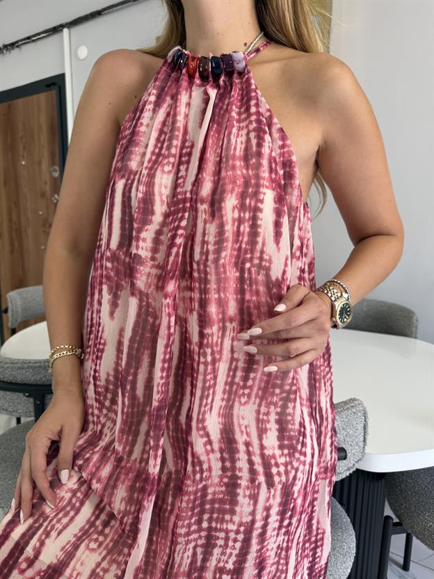 Yaka Boncuk Detaylı Pembe Ebruli Elbise