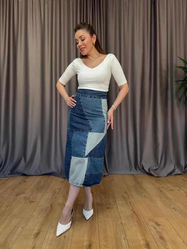 Yama Detaylı Jean Etek