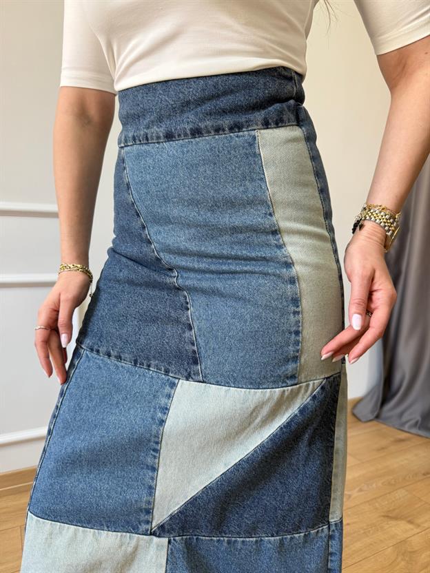 Yama Detaylı Jean Etek