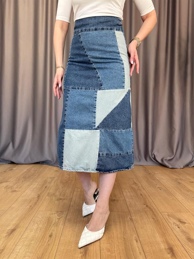 Yama Detaylı Jean Etek