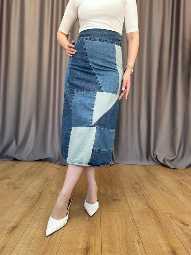 Yama Detaylı Jean Etek