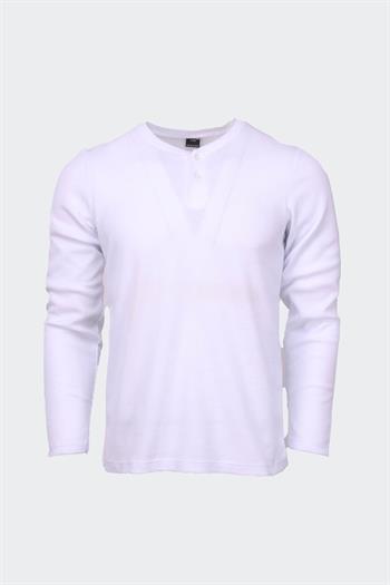 Trender Erkek Uzun Kollu T-shirt Beyaz 3001 Waffle Düğmeli