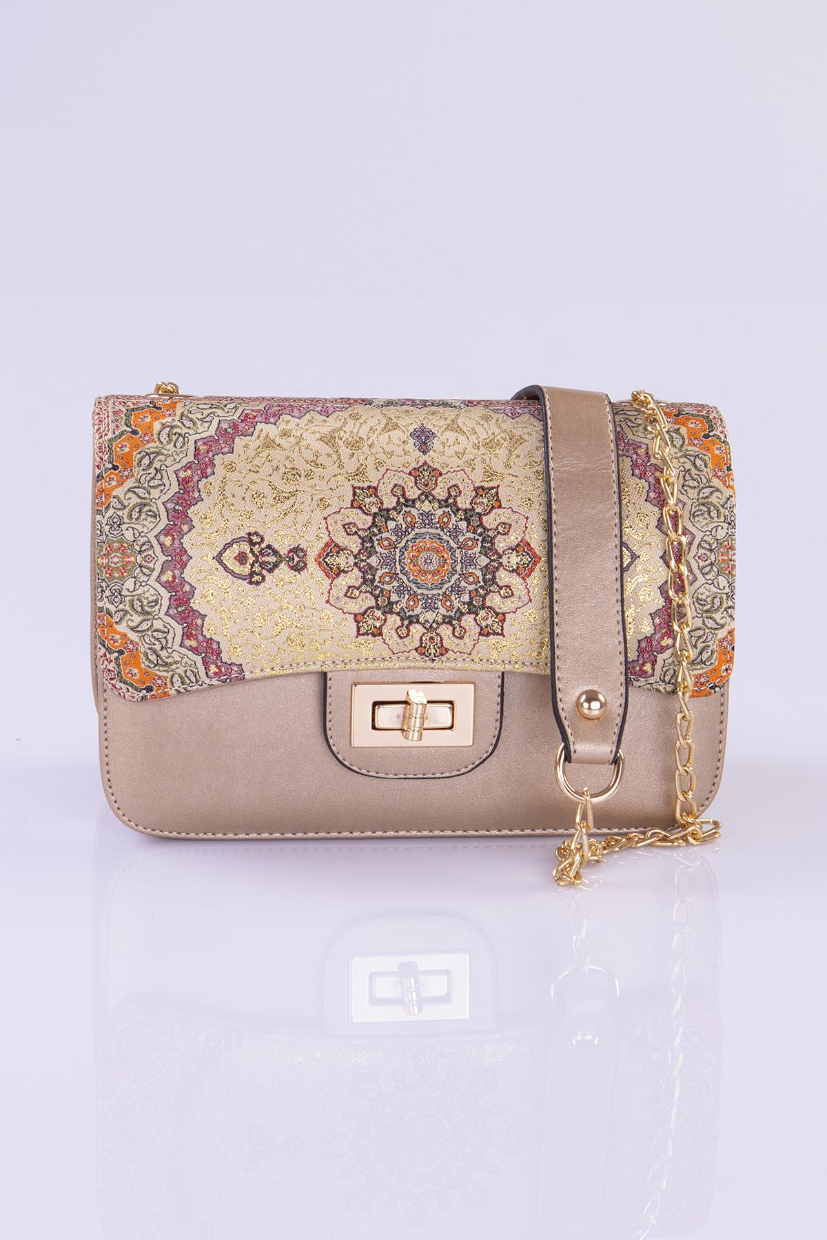 Mottif İstanbul Zincirli  Otantik Dokuma Gold Omuz Çanta 1015.01