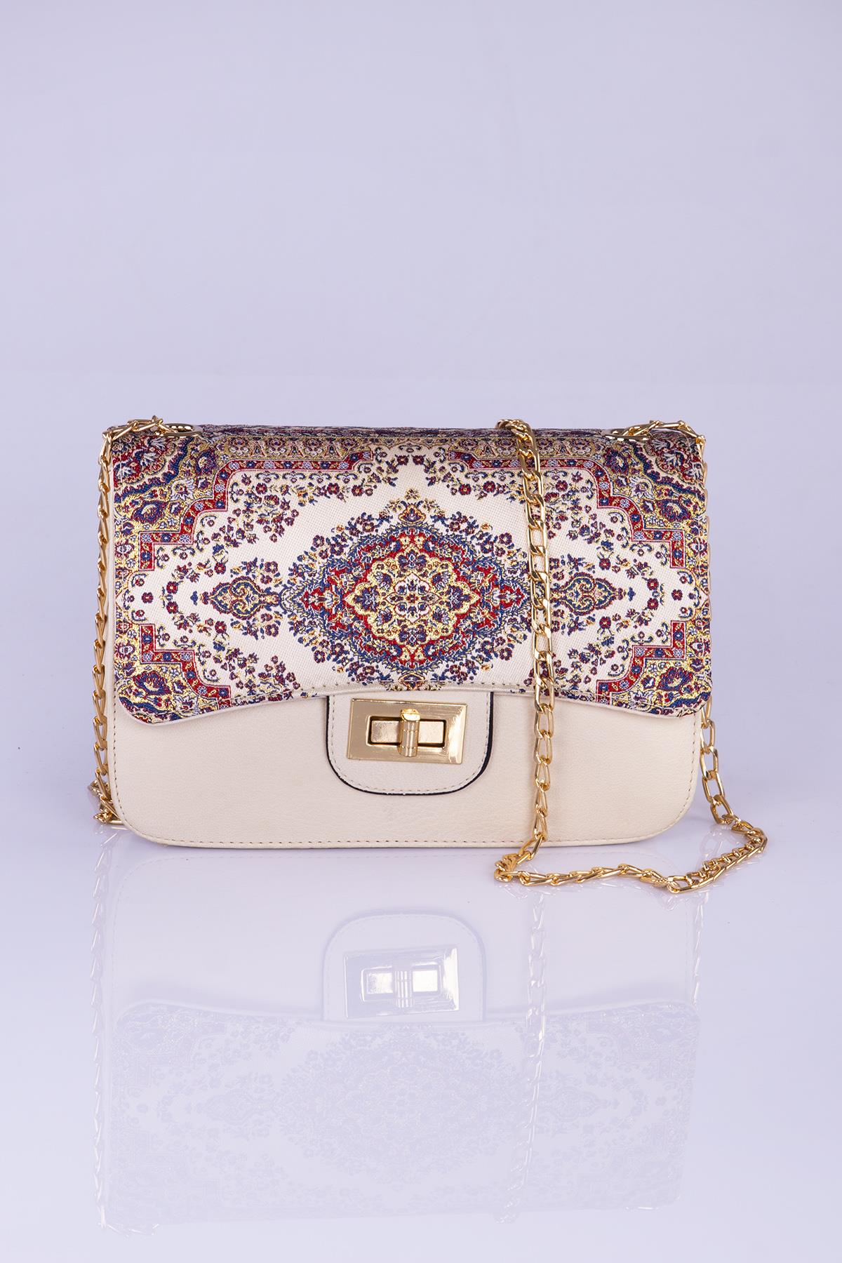 Mottif İstanbul Zincirli  Otantik Dokuma  Bej Omuz Çanta 1015.03