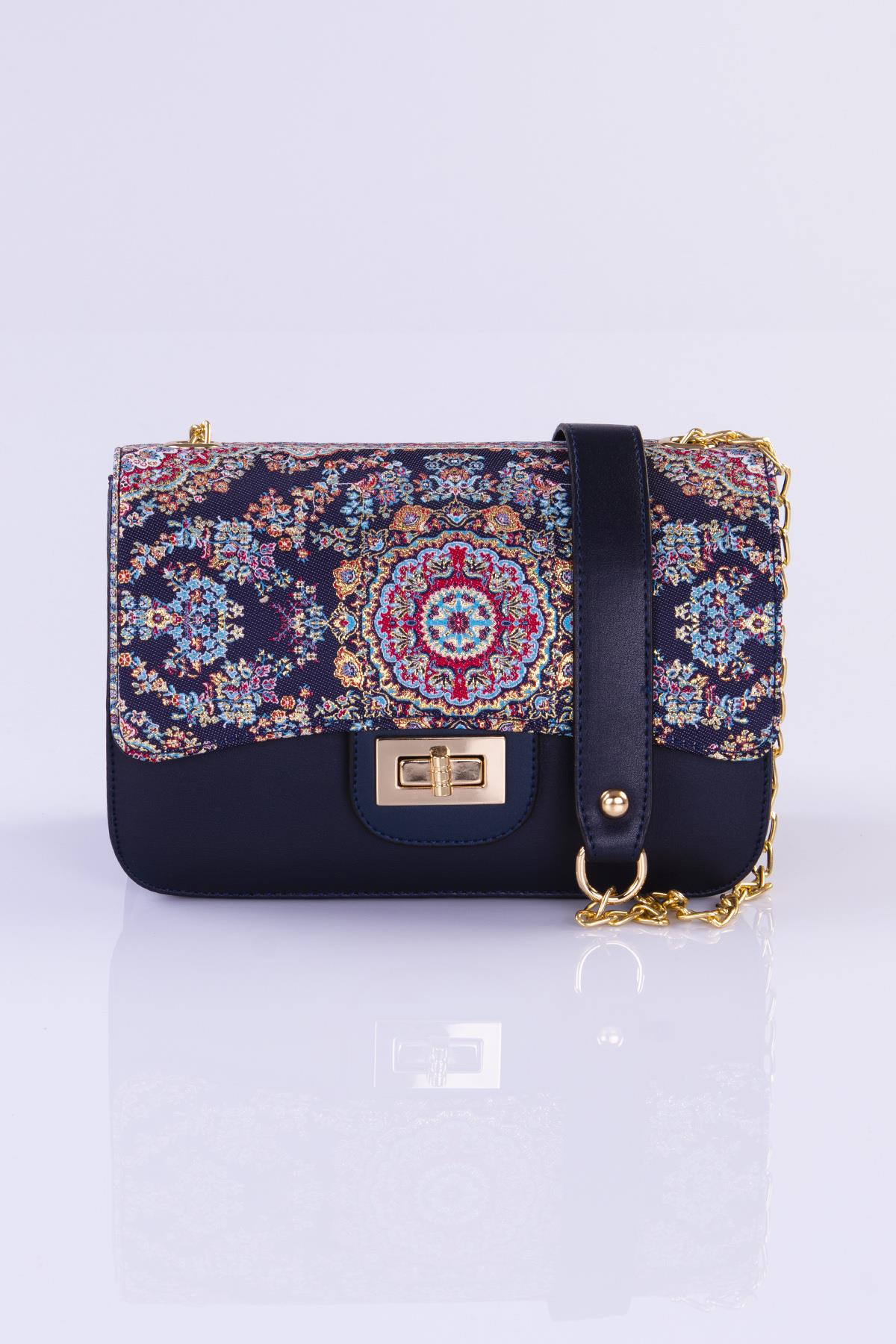 Mottif İstanbul Zincirli  Otantik Dokuma Lacivert Omuz Çanta 1015.07