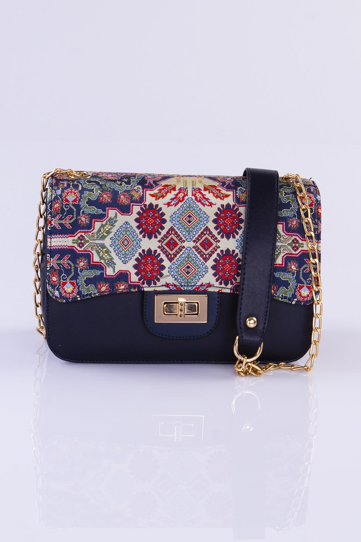 Mottif İstanbul Zincirli  Otantik Dokuma Lacivert Omuz Çanta 1015.08