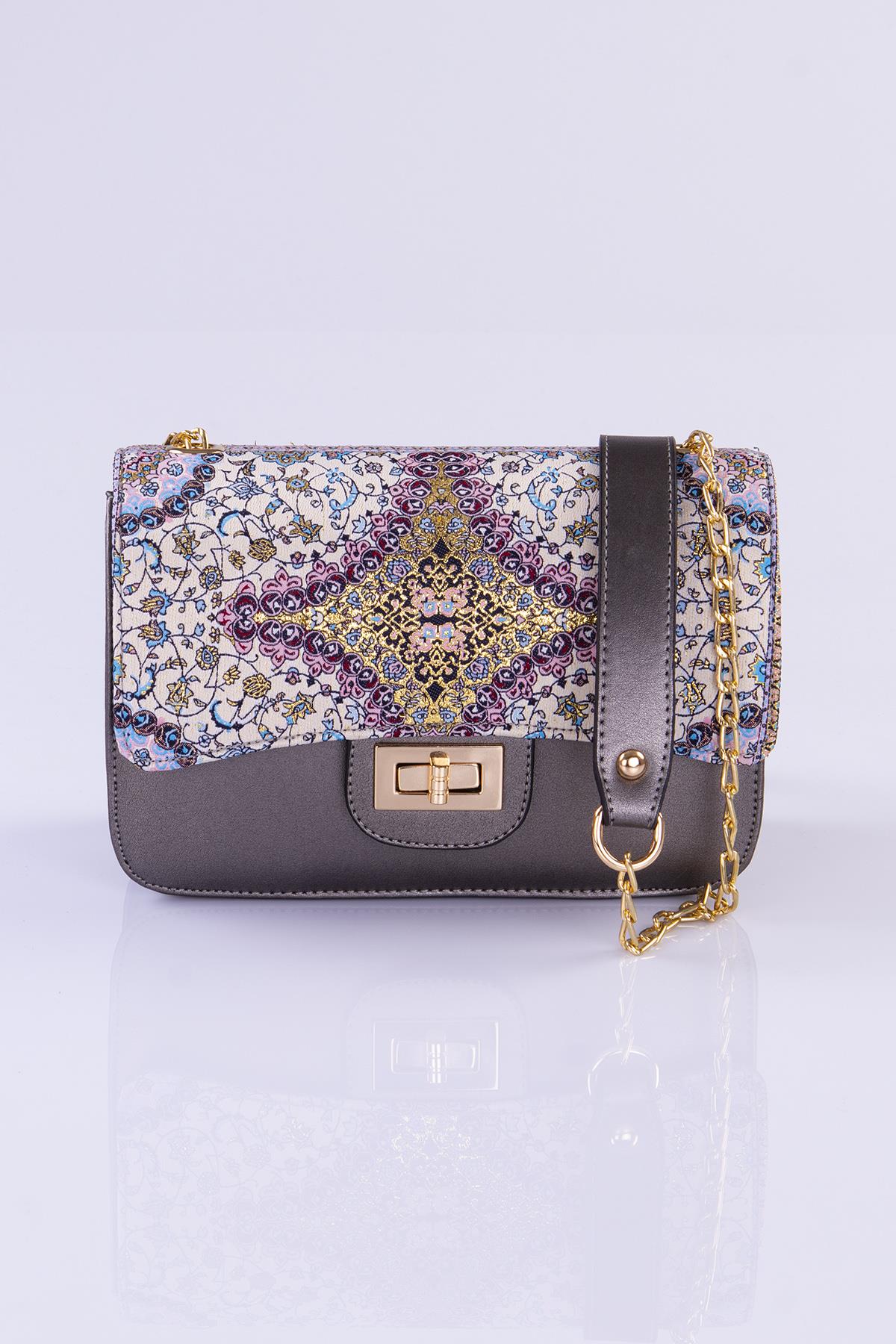 Mottif İstanbul Zincirli  Otantik Dokuma  Gri Omuz Çanta 1015.04