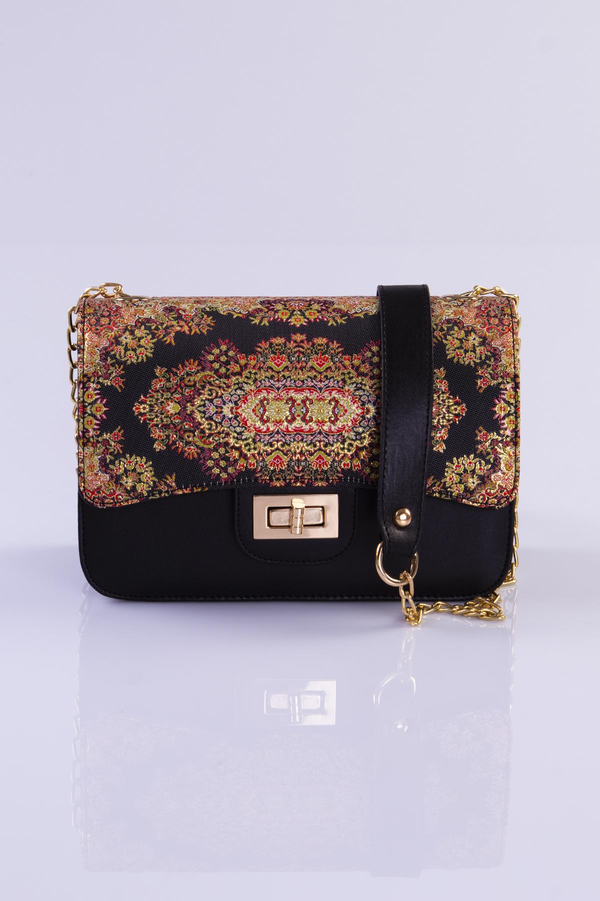 Mottif İstanbul Zincirli  Otantik Dokuma Siyah Omuz Çanta 1015.10