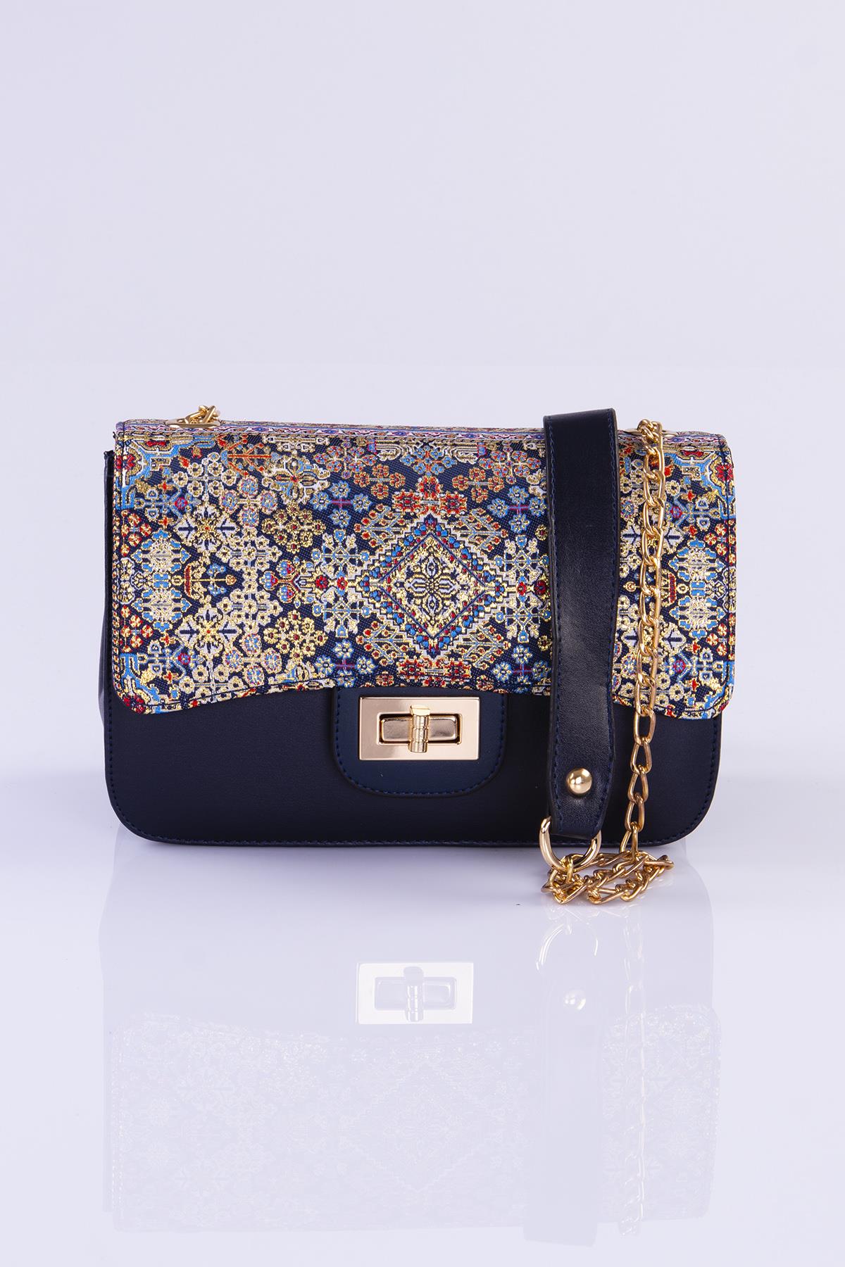 Mottif İstanbul Zincirli  Otantik Dokuma LAcivert Omuz Çanta 1015.18