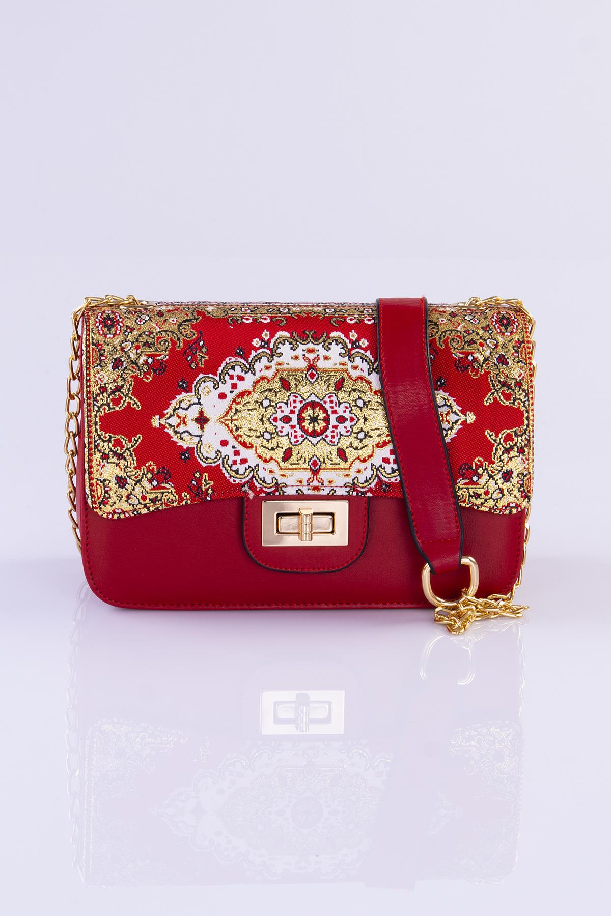 Mottif İstanbul Zincirli  Otantik Dokuma Kırmızı Omuz Çanta 1015.20