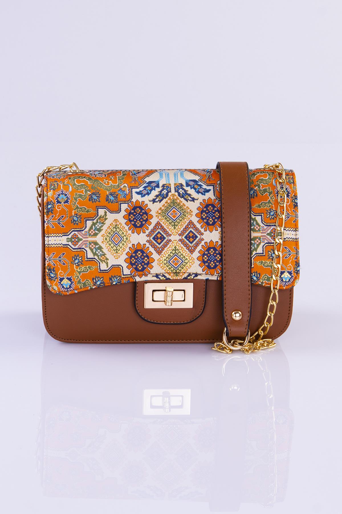 Mottif İstanbul Zincirli  Otantik Dokuma Turuncu Omuz Çanta 1015.14
