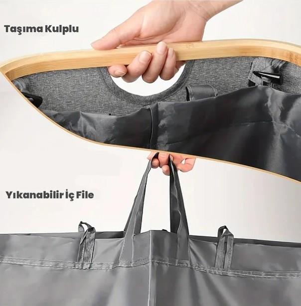 100 Lt Katlanır Kumaş Bambu Çamaşır Sepeti İçi Fileli Kirli Çamaşır Sepeti