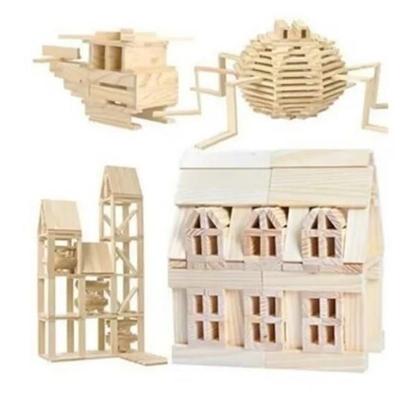 200 Parça Ahşap Yapı Blokları Wood City Blocks Doğal Ahşap Eğitici Oyuncak