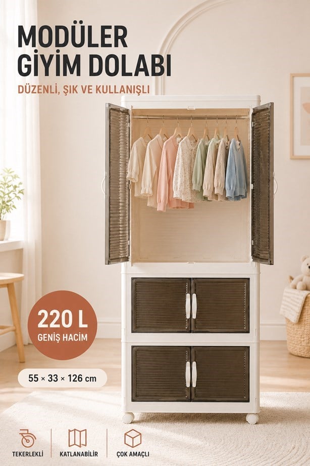 220 L Modüler Giyim Dolabı Tekerlekli Katlanabilir 3 Bölmeli Çok Amaçlı Gardırop