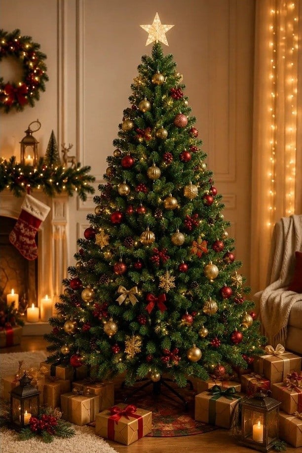 300 cm Yılbaşı Ağacı 2000 Gür Dallı Noel Ağacı Yılbaşı Çam Ağacı 200 Süs ve Işık Hediyeli